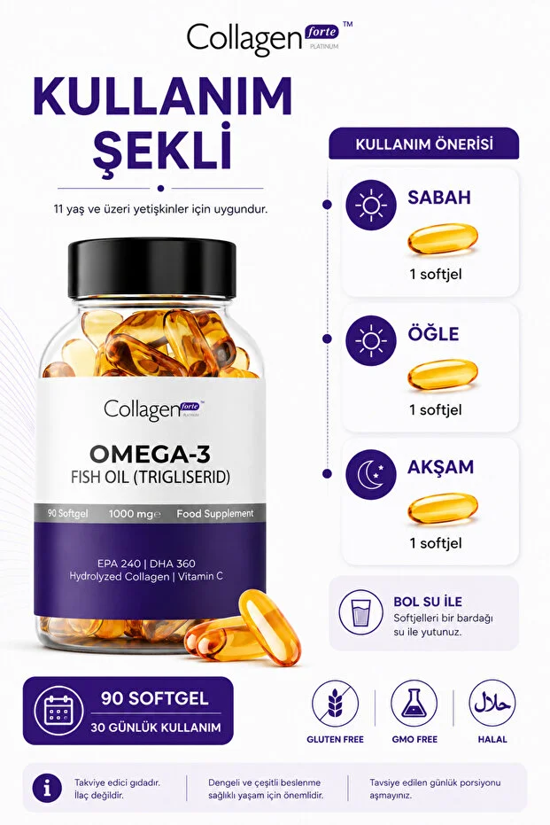 Omega-3 Premium Fish Oil 90 Softgel X 1000mg, Balık Yağı, Hidrolize Kolajen & C Vitamini